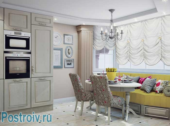 Интерьер кухни 8-10 кв. м. в современном исполнении. Обеденная зона в эркере