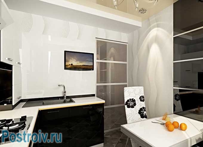 Светлые обои на кухне черно белой гаммы